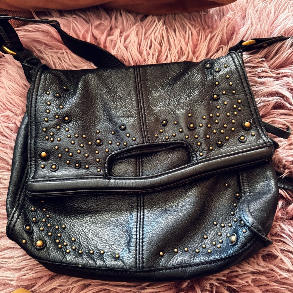 Lucky Brand 100% Black Leather Tote / Crossbody with studs - Picture 16 of 16
